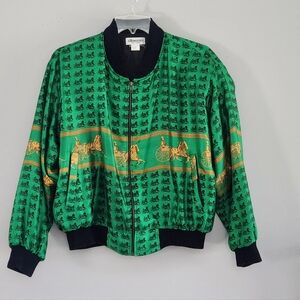 VINTAGE SILKWORM'S WOMEN'S BOMBER JACKET SIZE M GREEN EQUESTRIAN  PATTERN